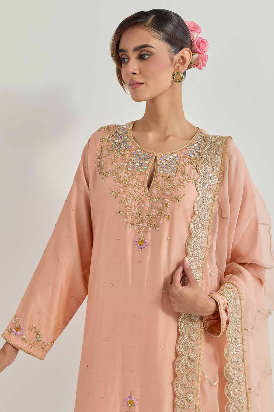 Raeth Peach Chanderi Silk Embellished Kurta Set