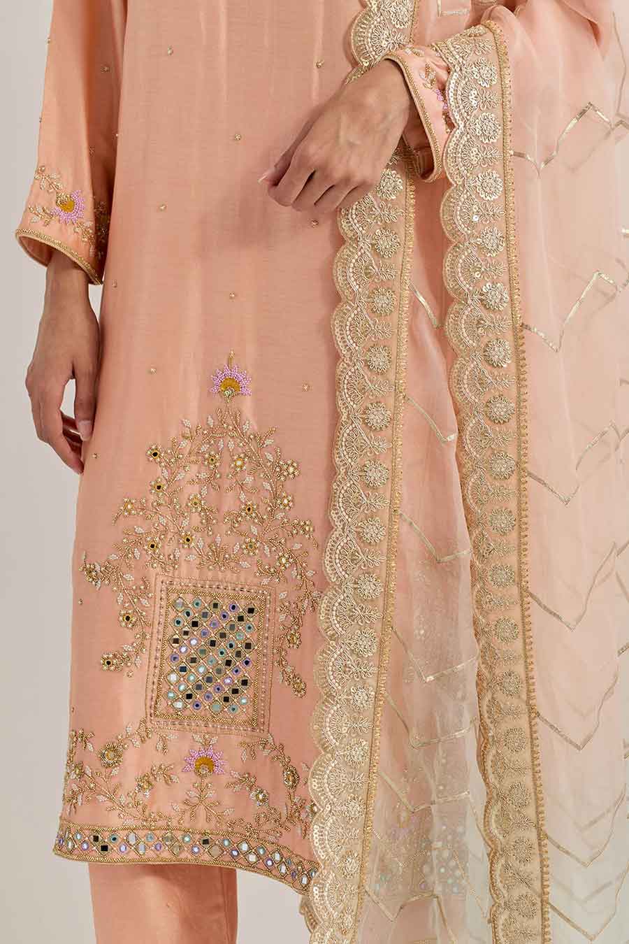 Raeth Peach Chanderi Silk Embellished Kurta Set