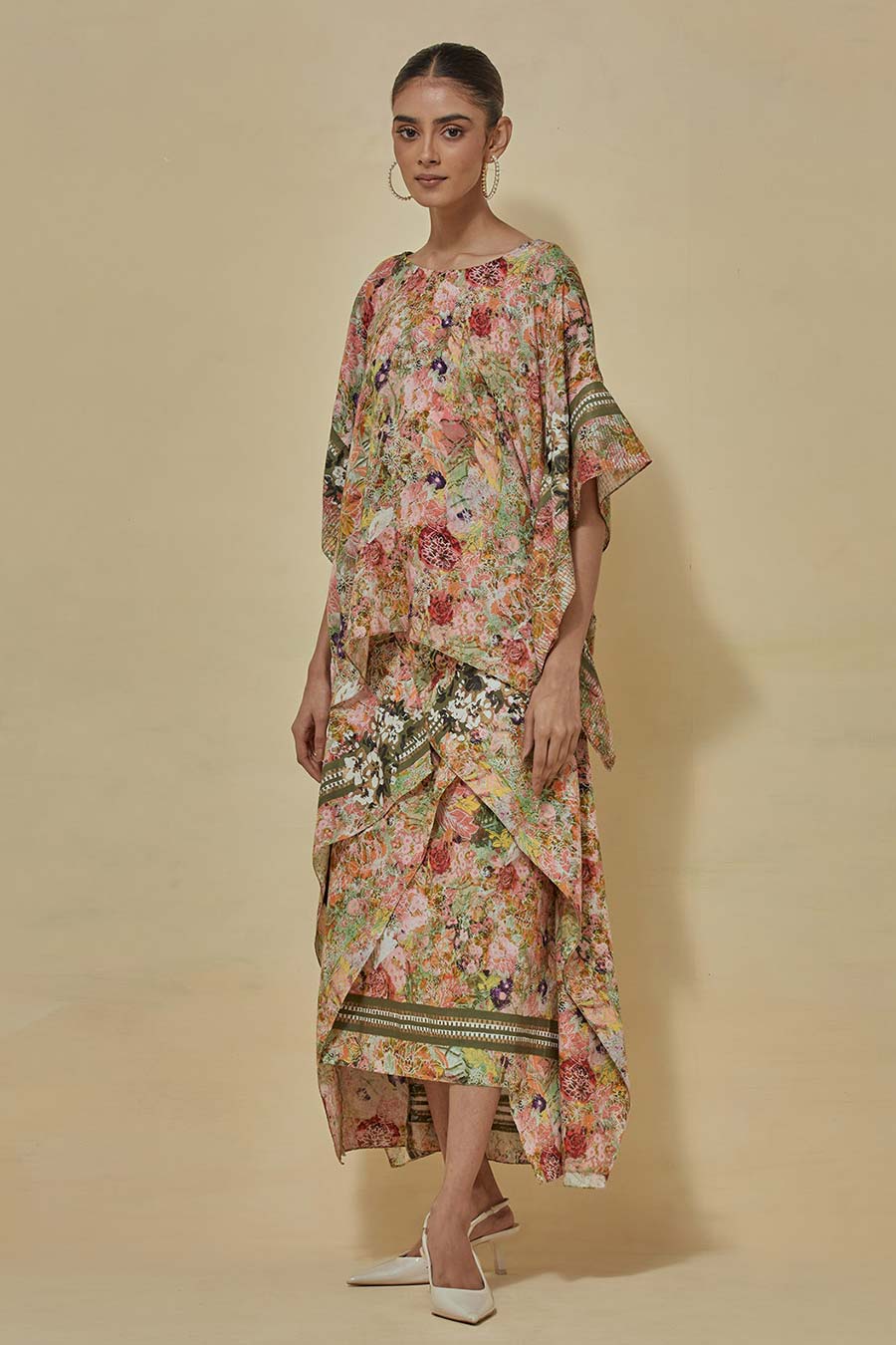 Printed Kaftan Top With Drape Skirt