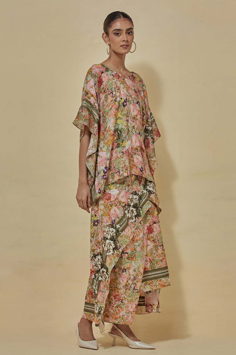 Printed Kaftan Top With Drape Skirt