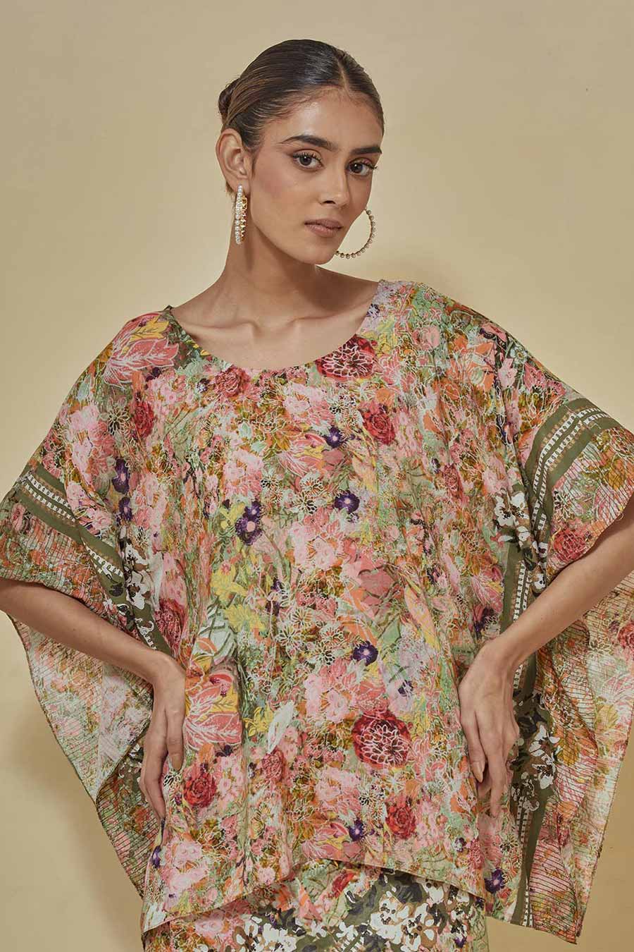 Printed Kaftan Top With Drape Skirt