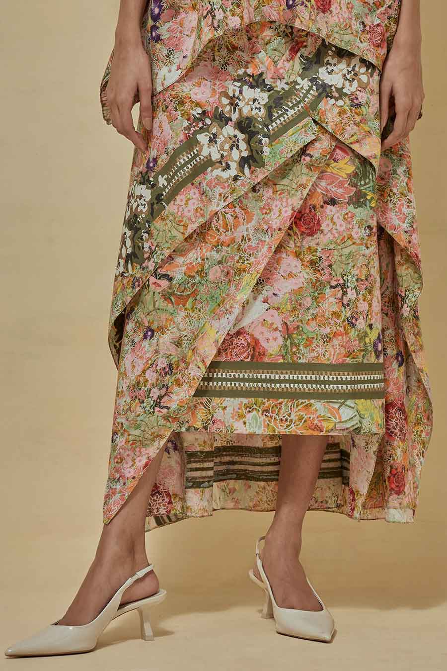 Printed Kaftan Top With Drape Skirt