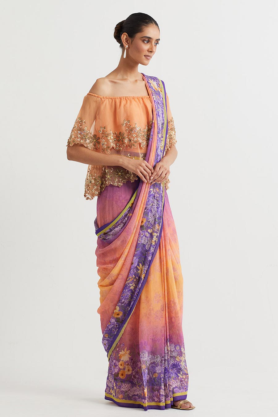 Multicolour Pre-Stitched Saree With Embroidered Cape