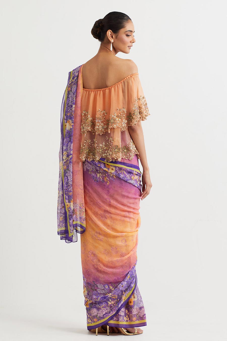 Multicolour Pre-Stitched Saree With Embroidered Cape