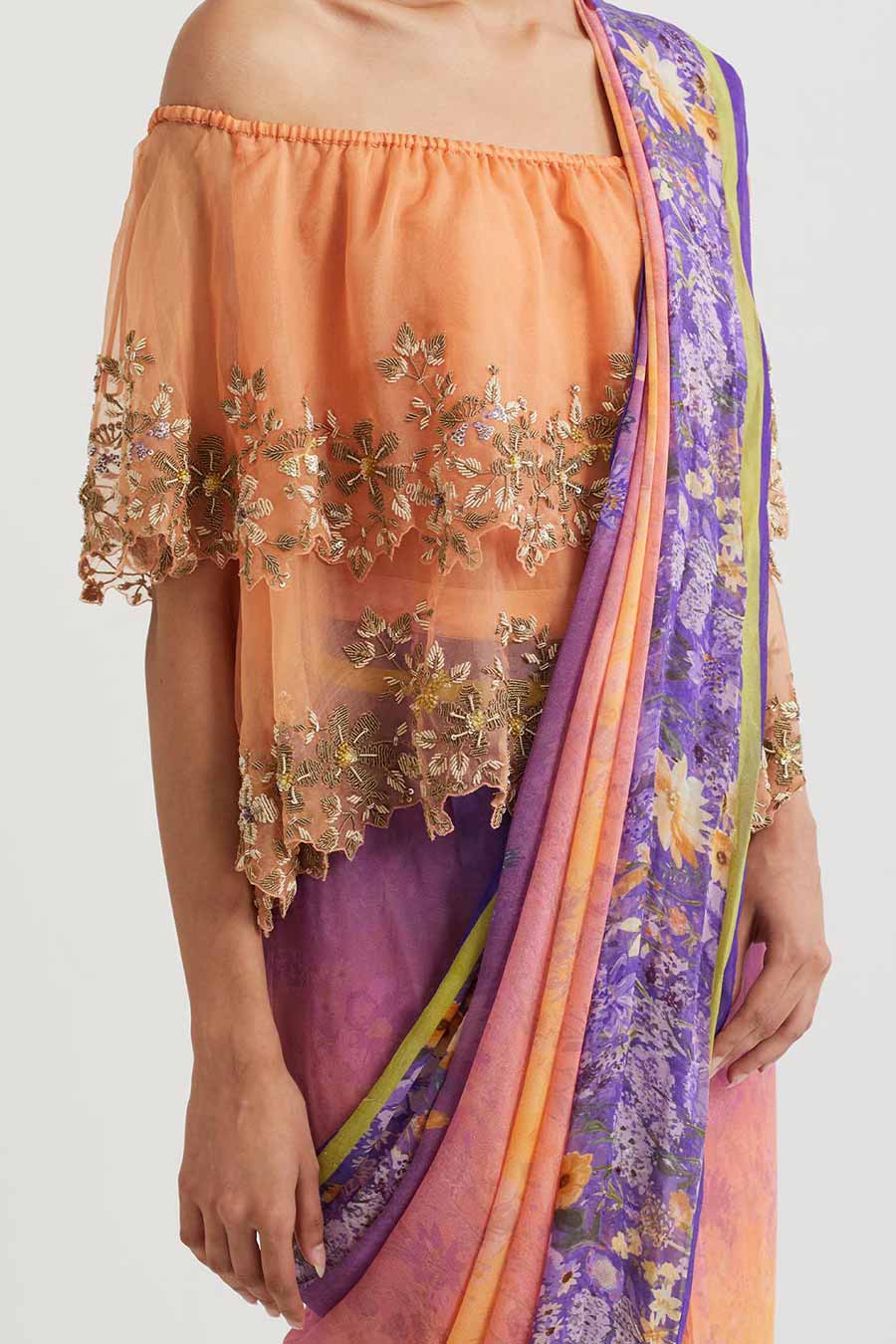 Multicolour Pre-Stitched Saree With Embroidered Cape