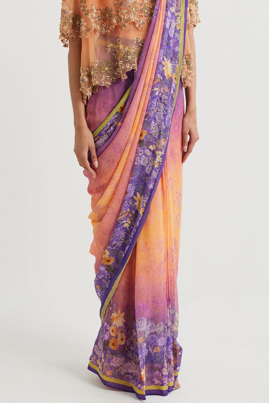 Multicolour Pre-Stitched Saree With Embroidered Cape