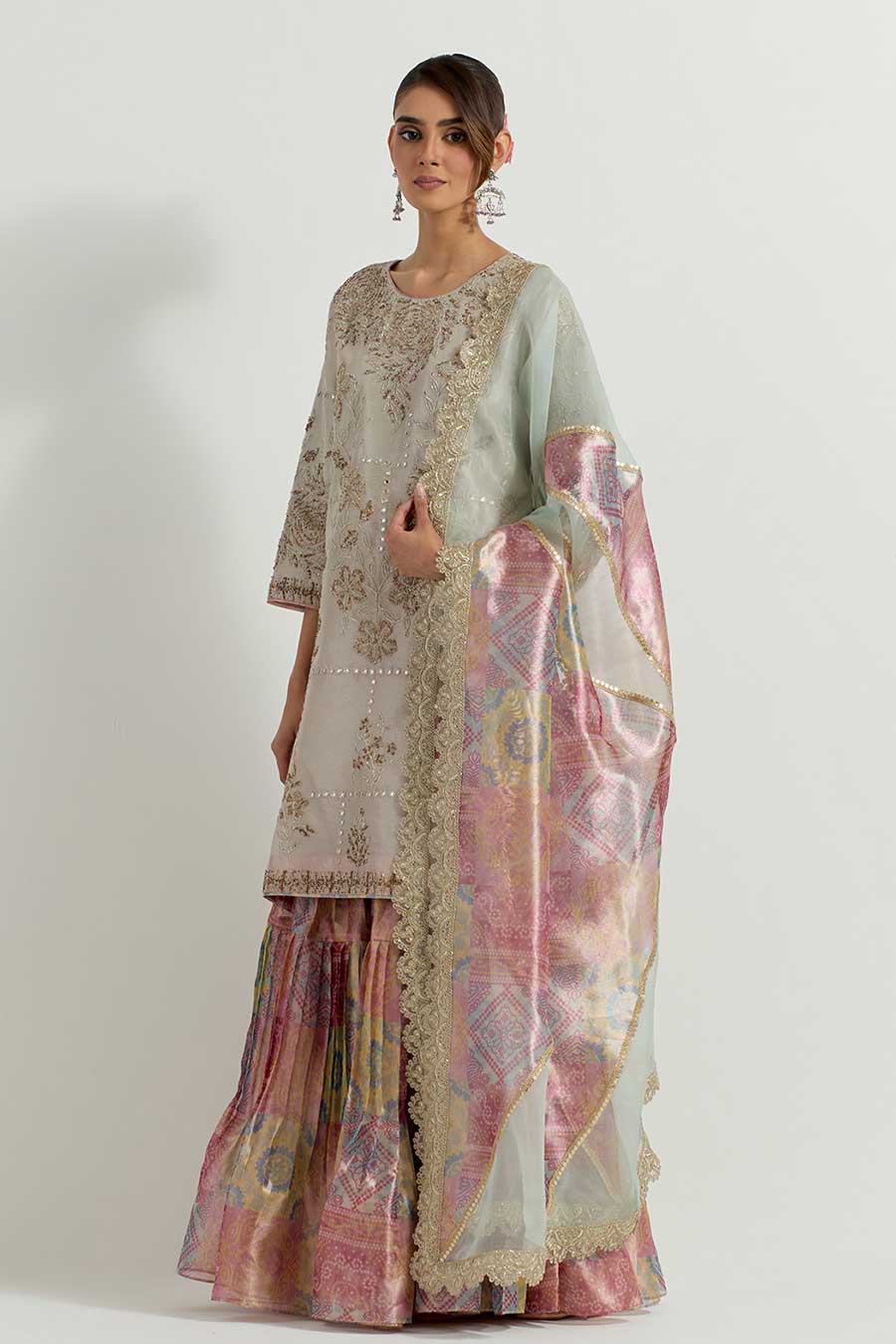 Raeth Sage Green Tissue Embellished Sharara Set