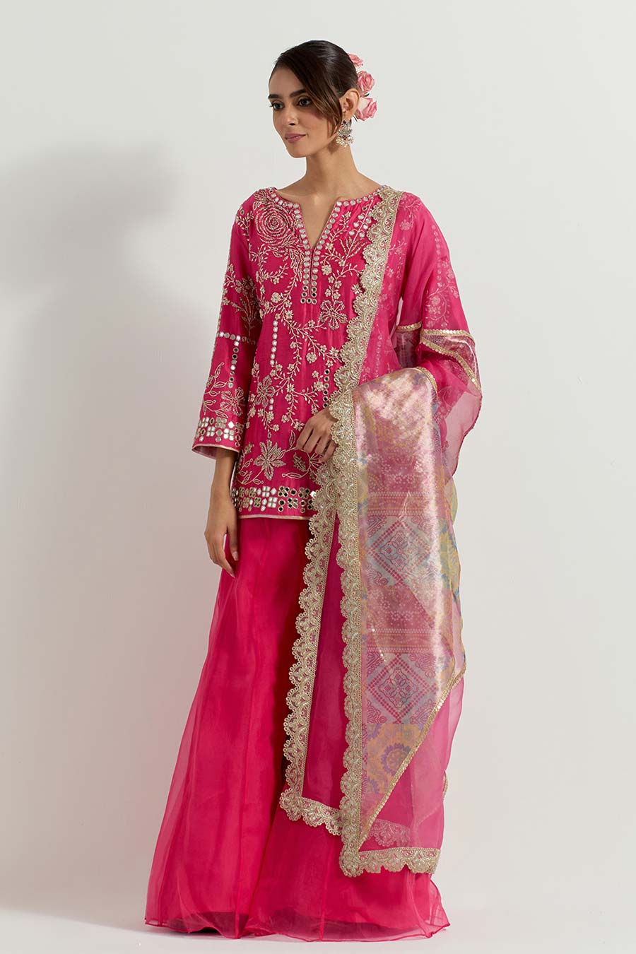 Raeth Fuchsia Chanderi & Organza Embellished Sharara Set