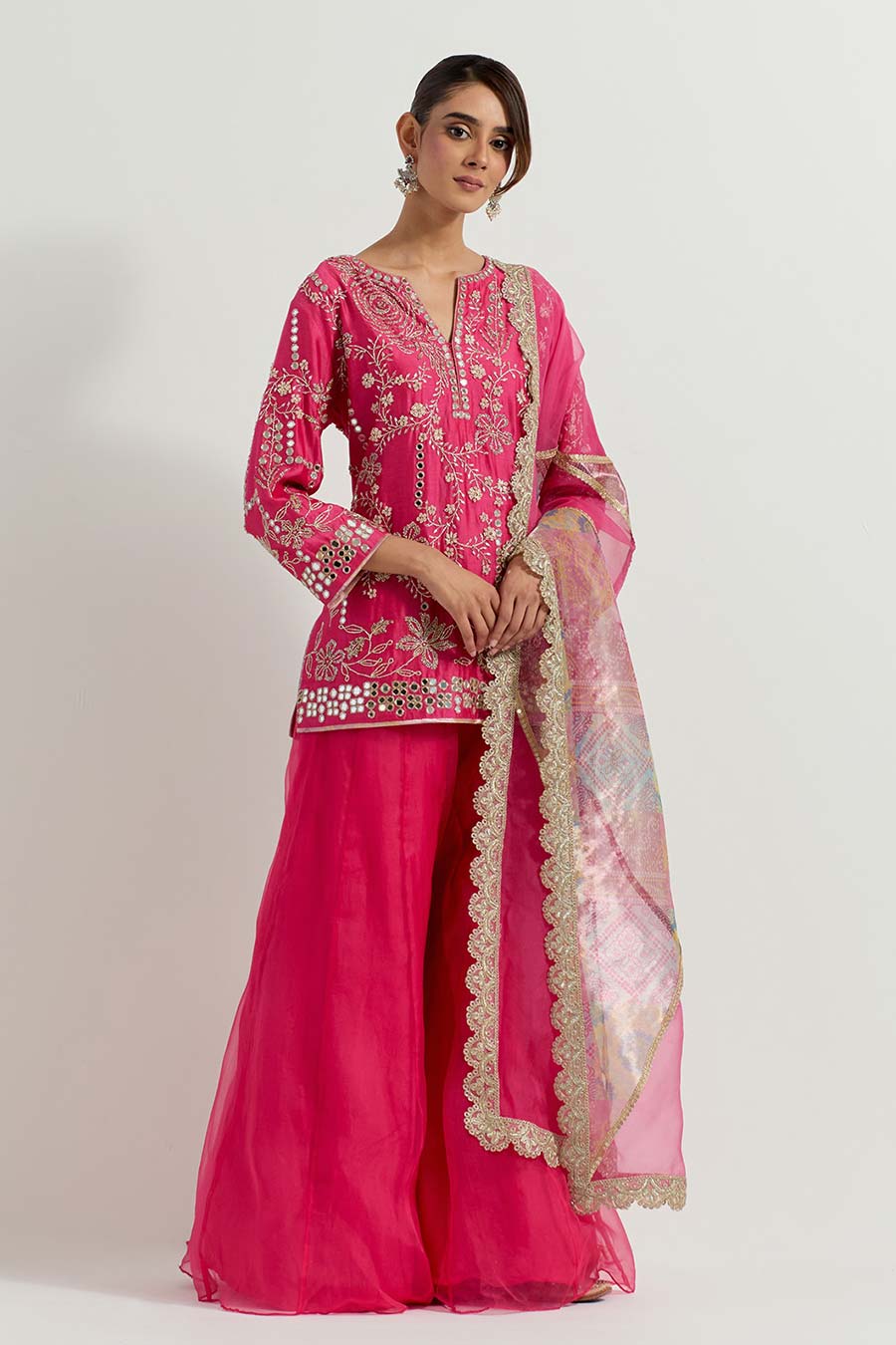 Raeth Fuchsia Chanderi & Organza Embellished Sharara Set