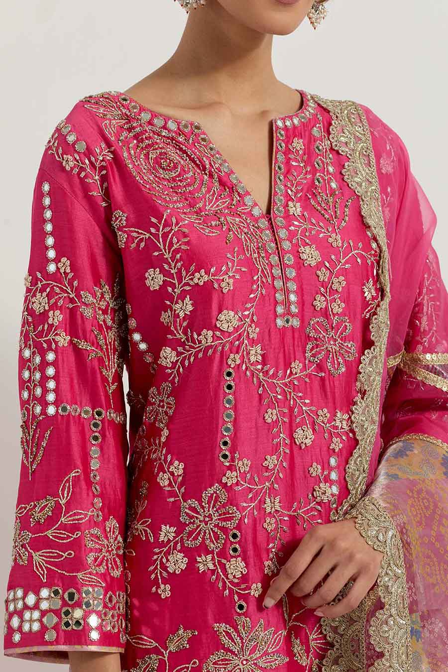 Raeth Fuchsia Chanderi & Organza Embellished Sharara Set