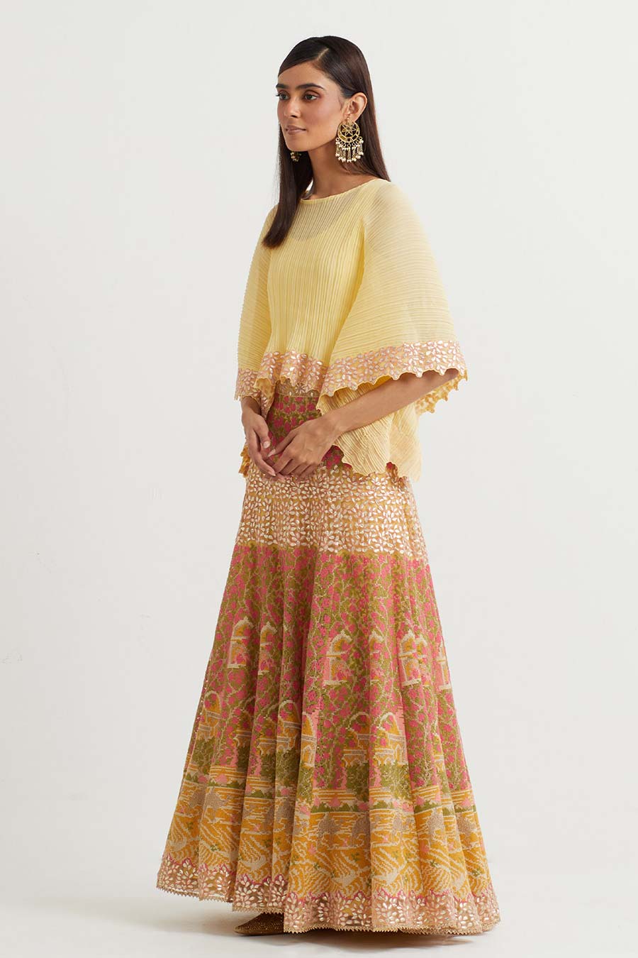 Yellow Embroidered Cape & Cross Stitch Skirt Set