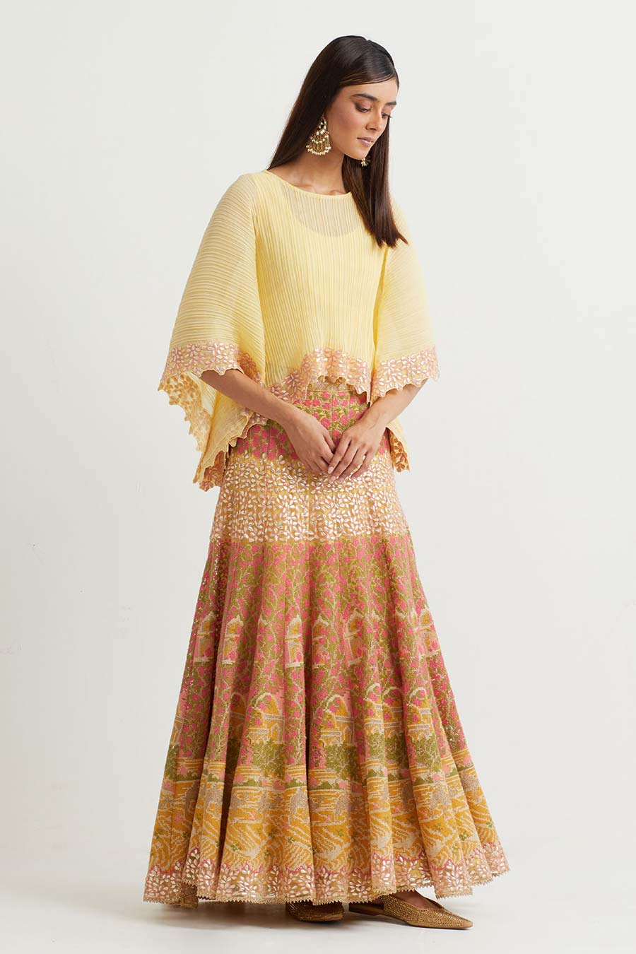 Yellow Embroidered Cape & Cross Stitch Skirt Set