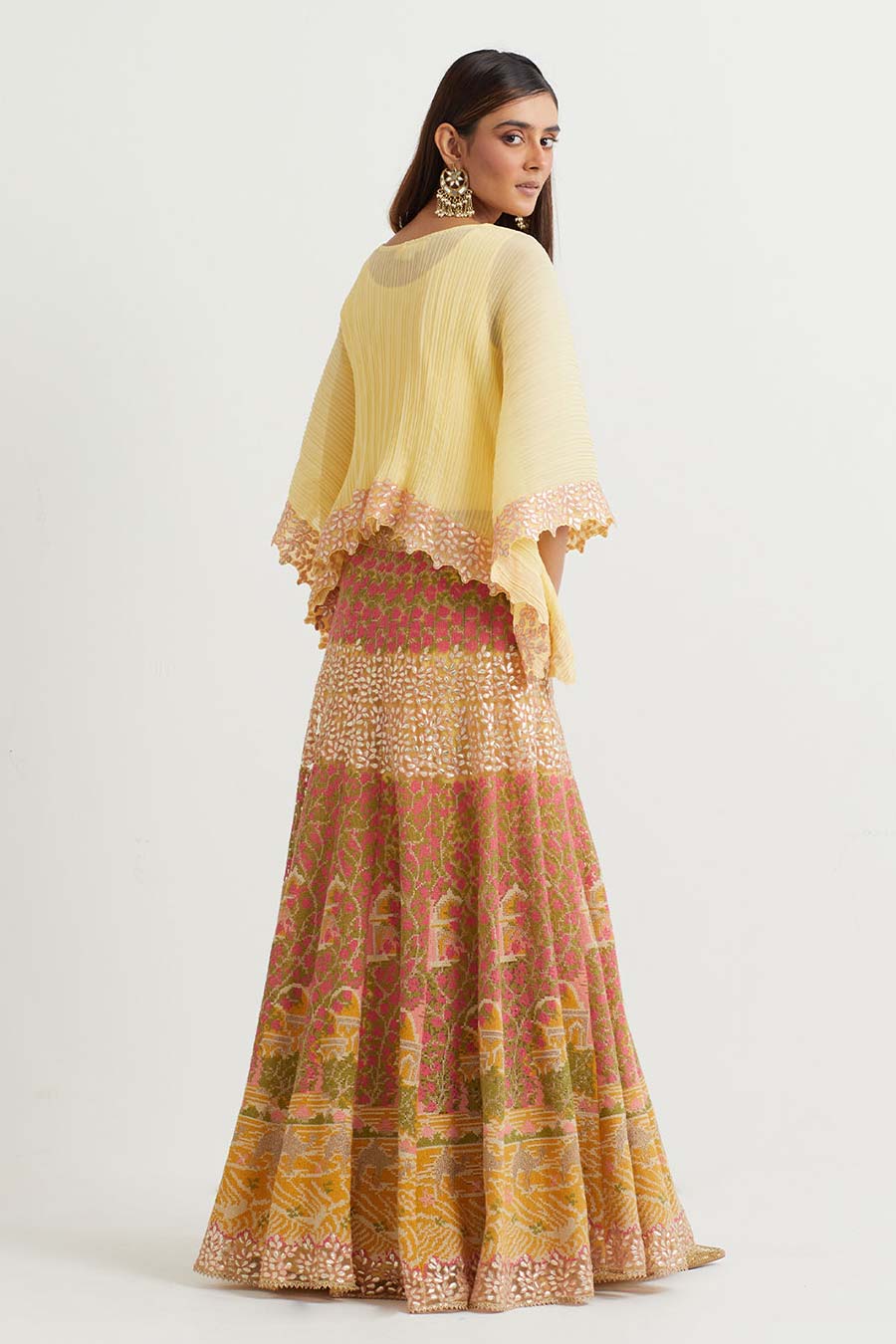 Yellow Embroidered Cape & Cross Stitch Skirt Set