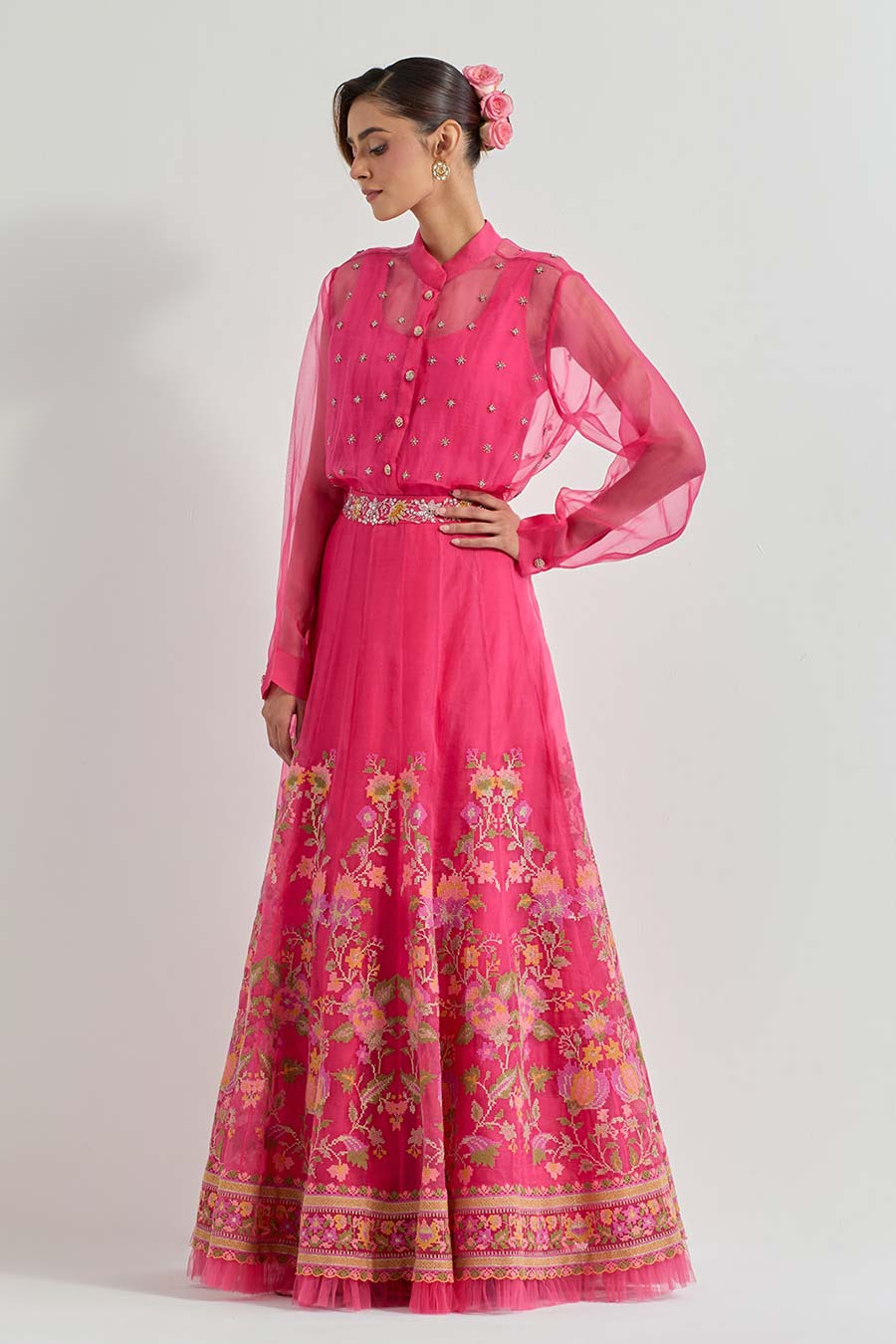 Raeth Fuchsia Organza Embellished Shirt Lehenga Set