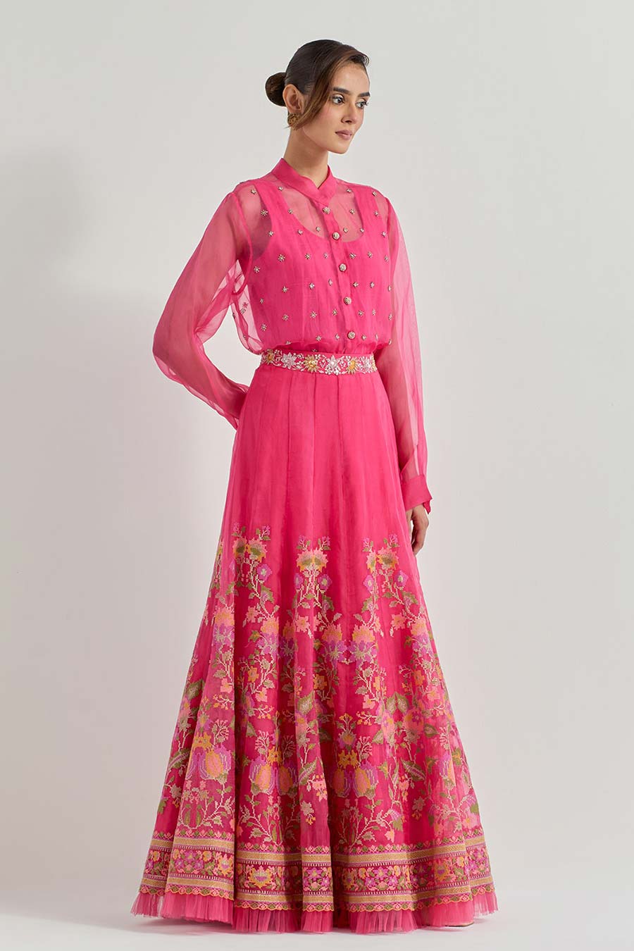 Raeth Fuchsia Organza Embellished Shirt Lehenga Set