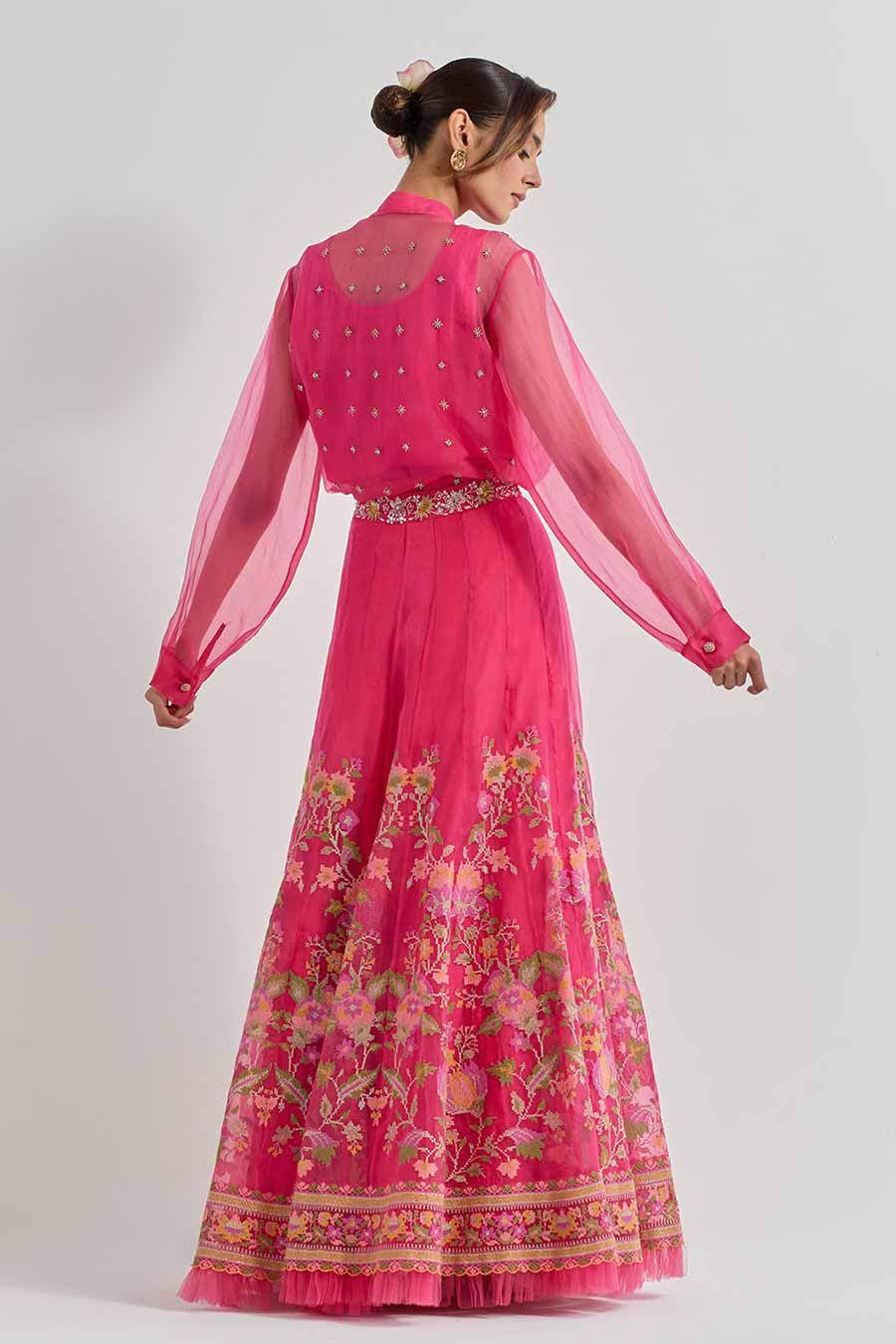 Raeth Fuchsia Organza Embellished Shirt Lehenga Set