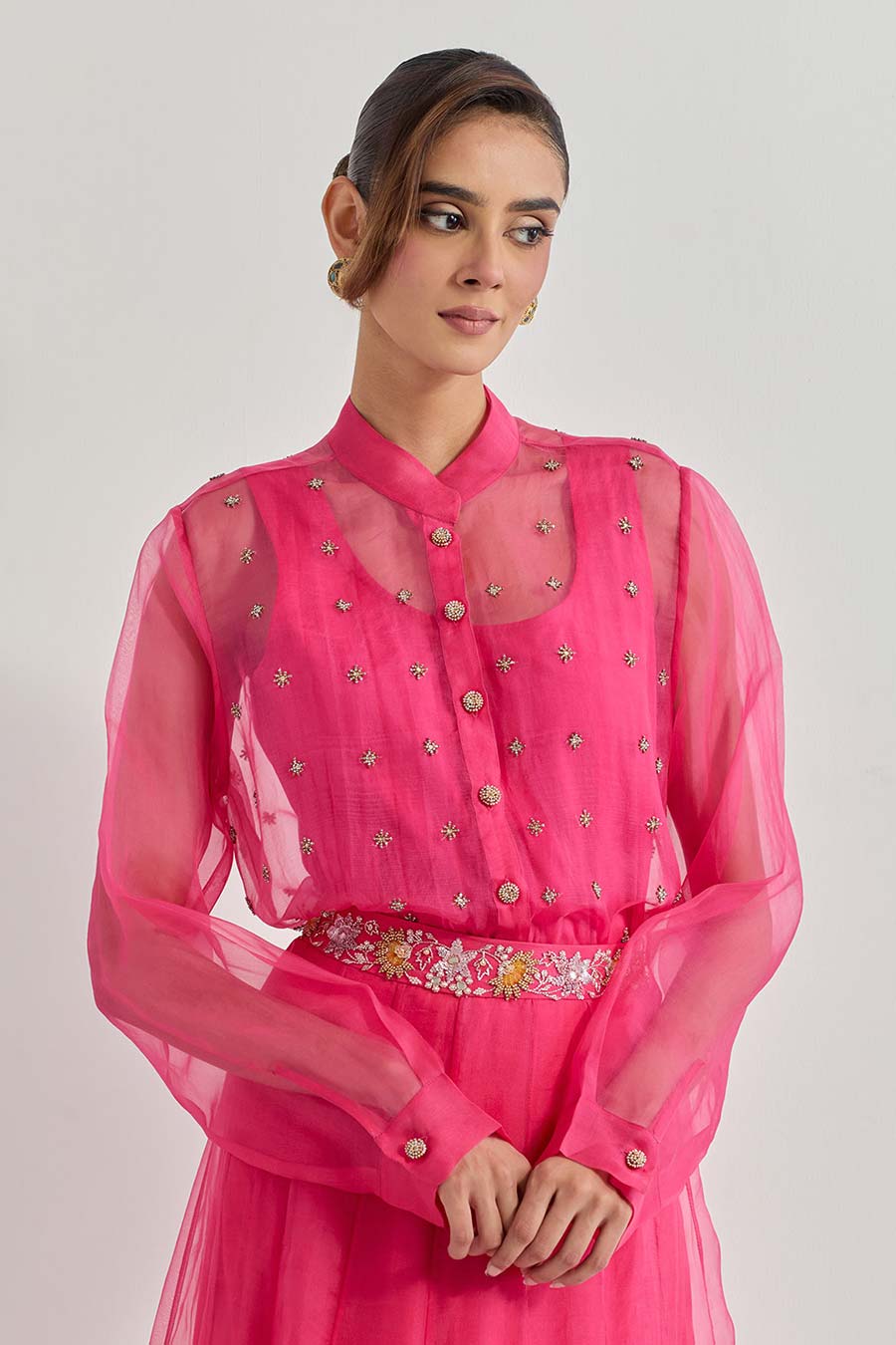 Raeth Fuchsia Organza Embellished Shirt Lehenga Set