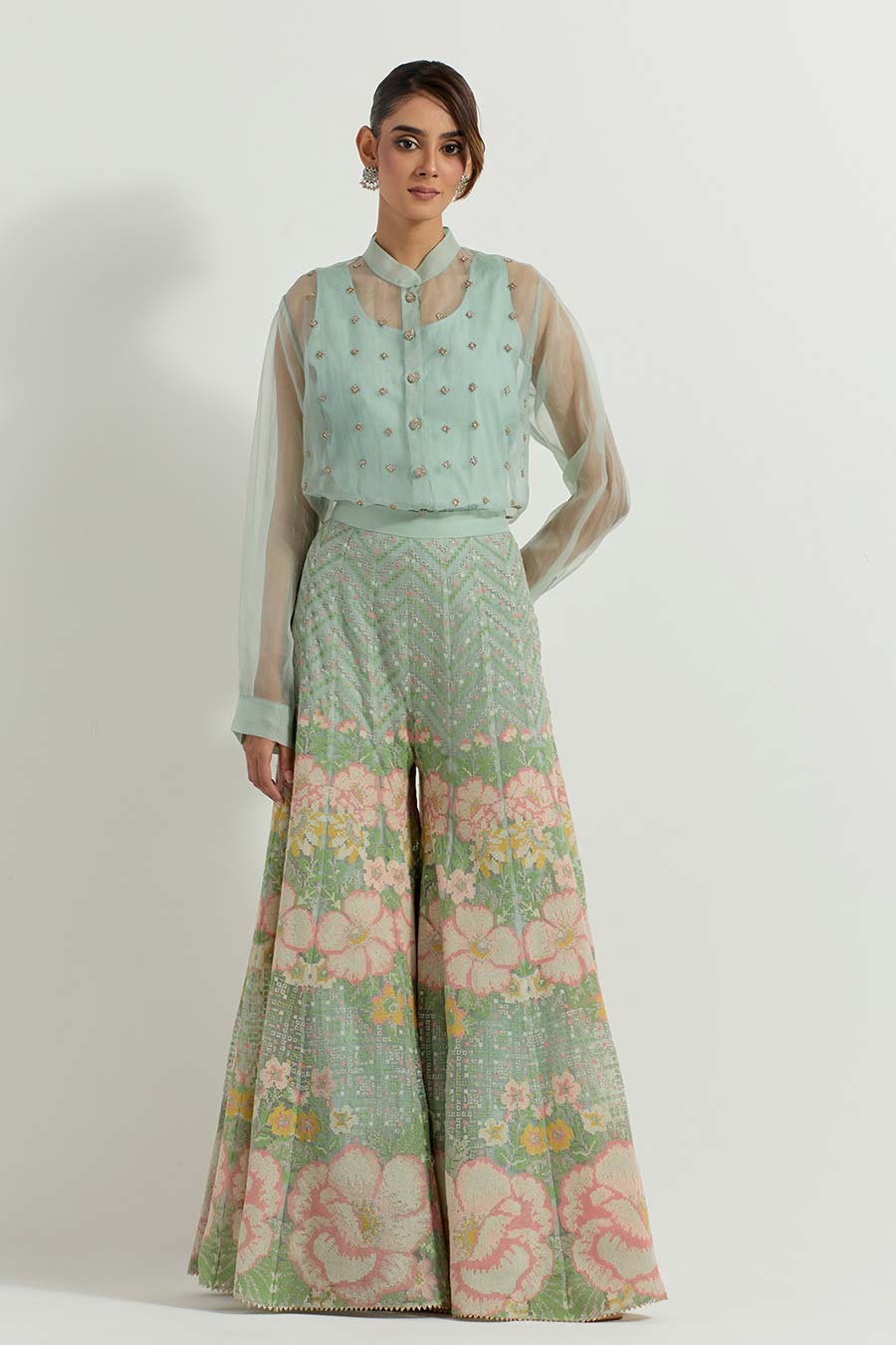 Raeth Sage Green Organza Embellished Shirt Sharara Set