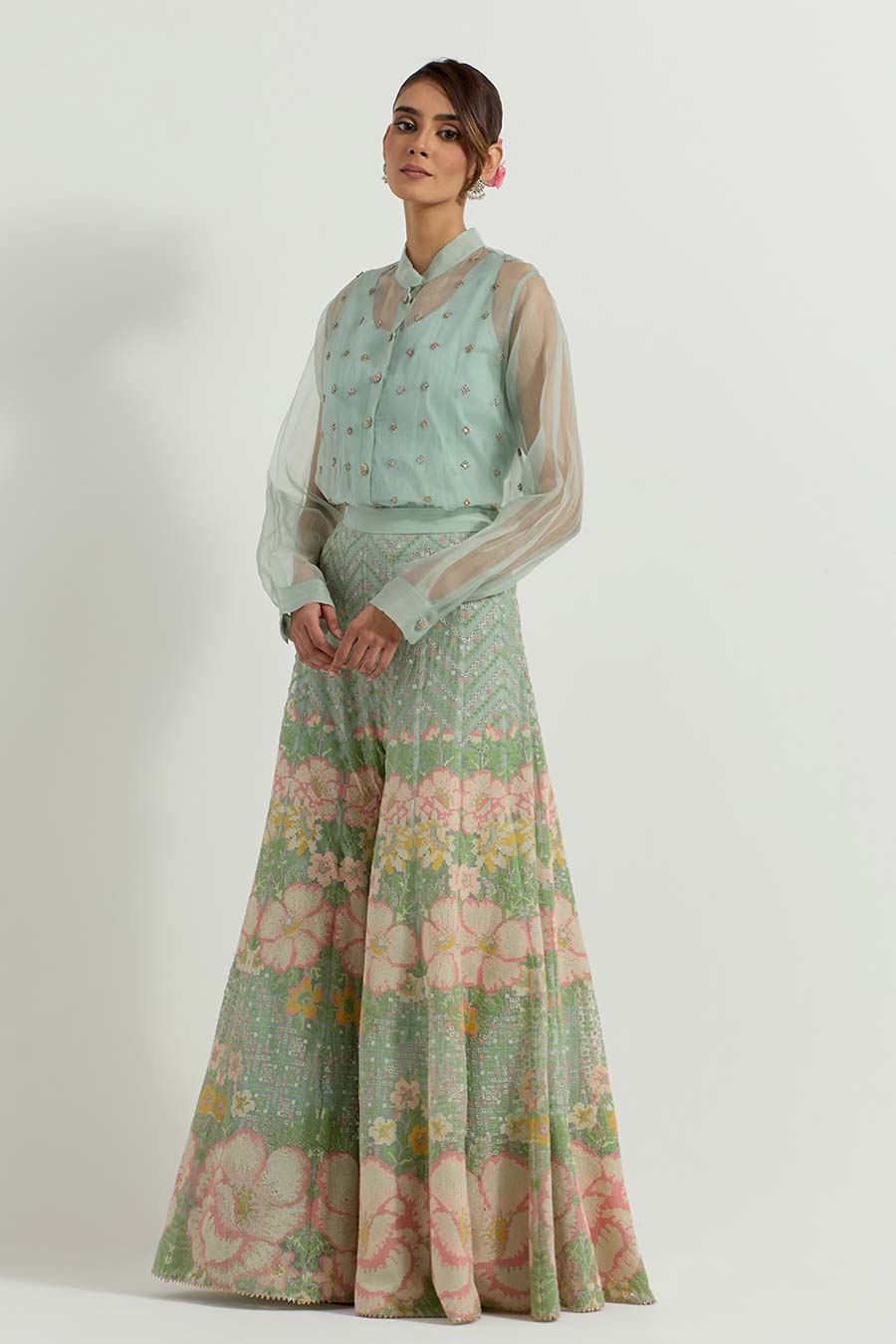 Raeth Sage Green Organza Embellished Shirt Sharara Set