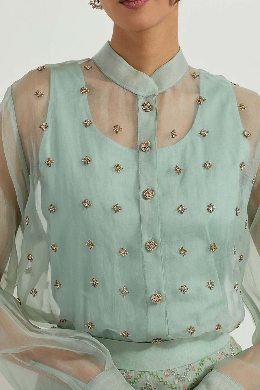 Raeth Sage Green Organza Embellished Shirt Sharara Set