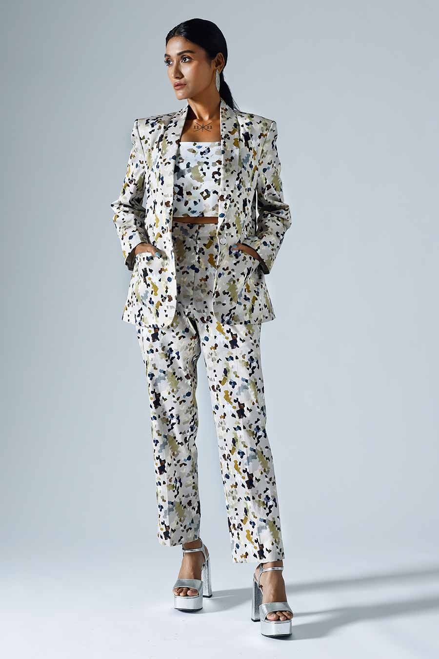 Grey Printed Vivid Pant Suit