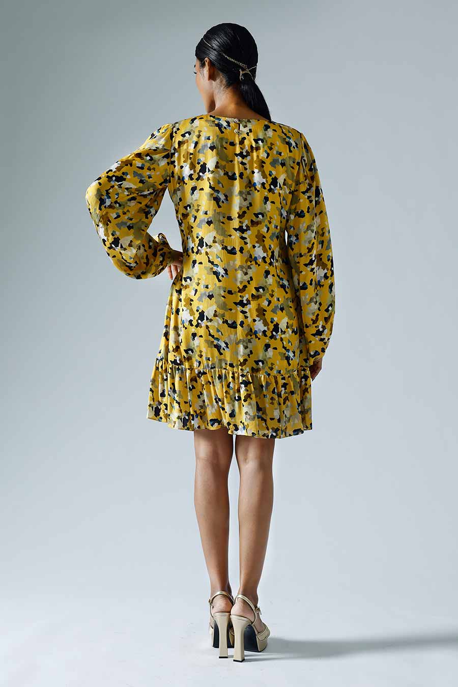 Yellow Printed Pixelated Shift Dress