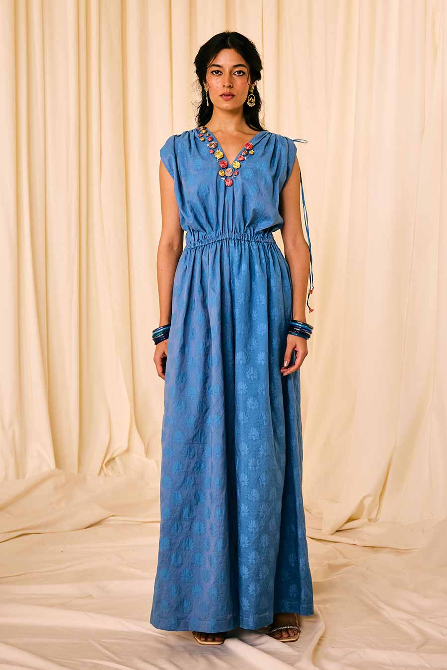 Blue Jacquard Embroidered Jumpsuit