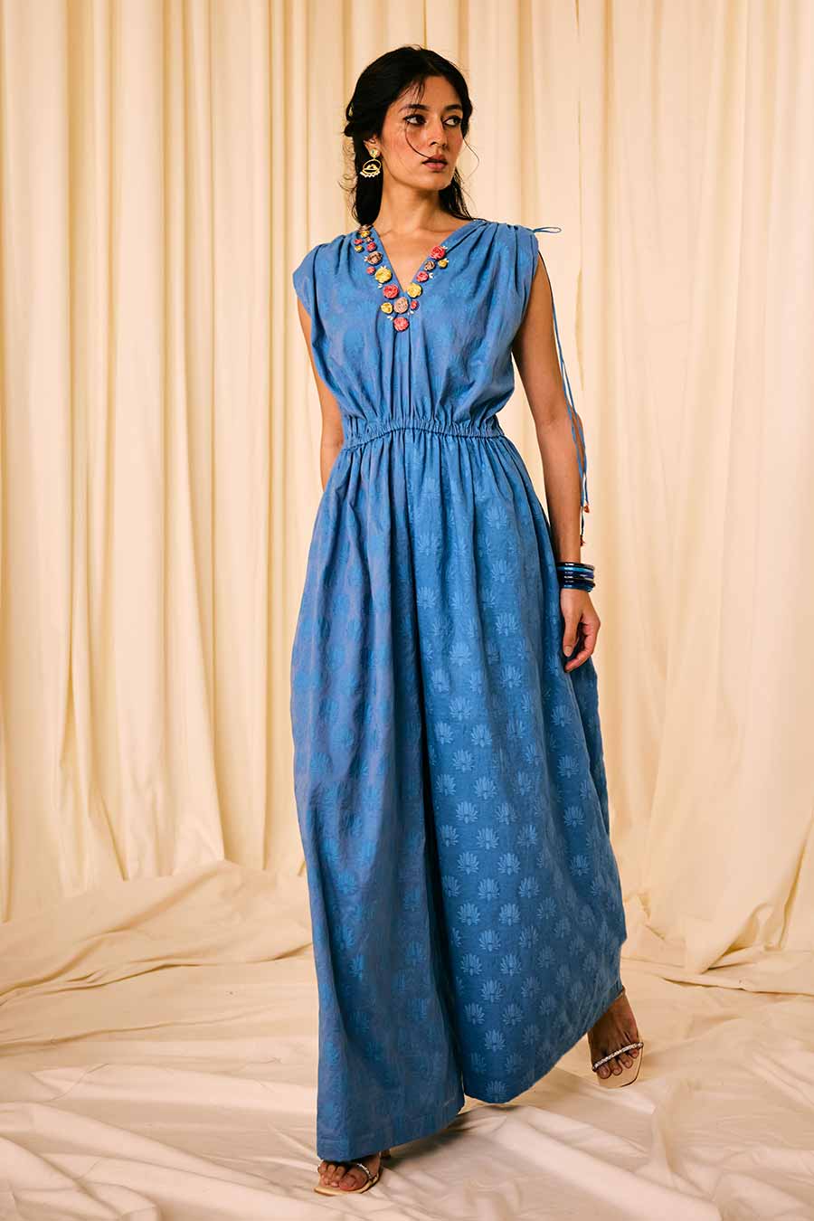 Blue Jacquard Embroidered Jumpsuit