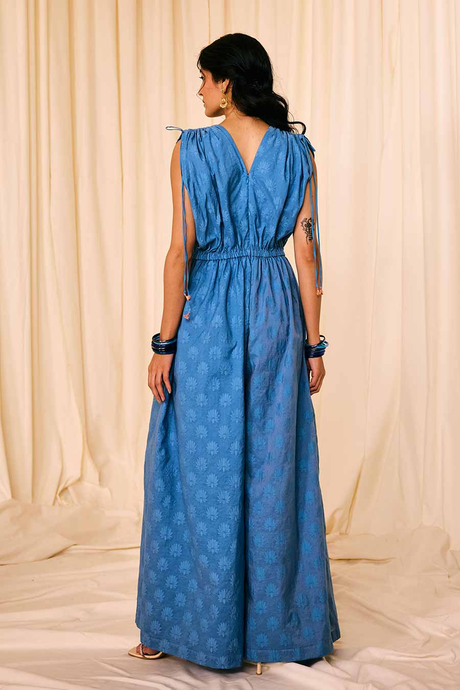 Blue Jacquard Embroidered Jumpsuit