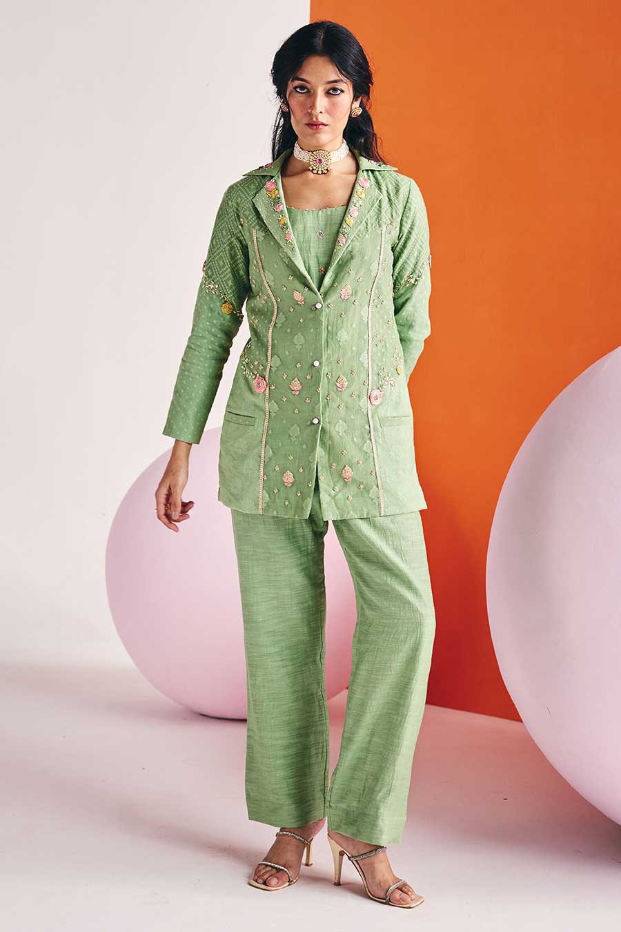 Green Jacquard Embroidered Blazer & Pant Set