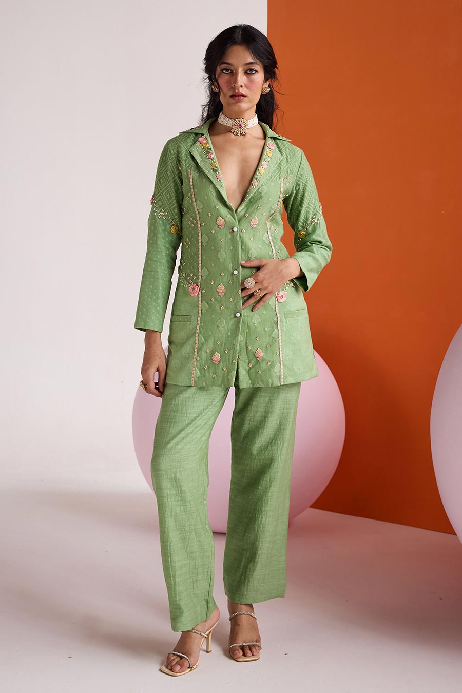 Green Jacquard Embroidered Blazer & Pant Set