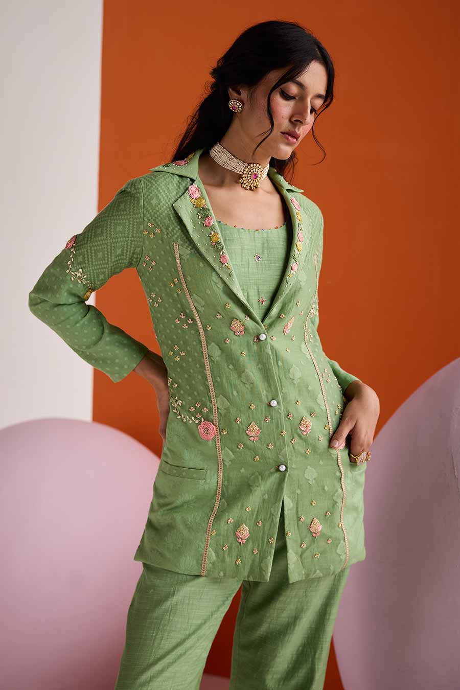 Green Jacquard Embroidered Blazer & Pant Set