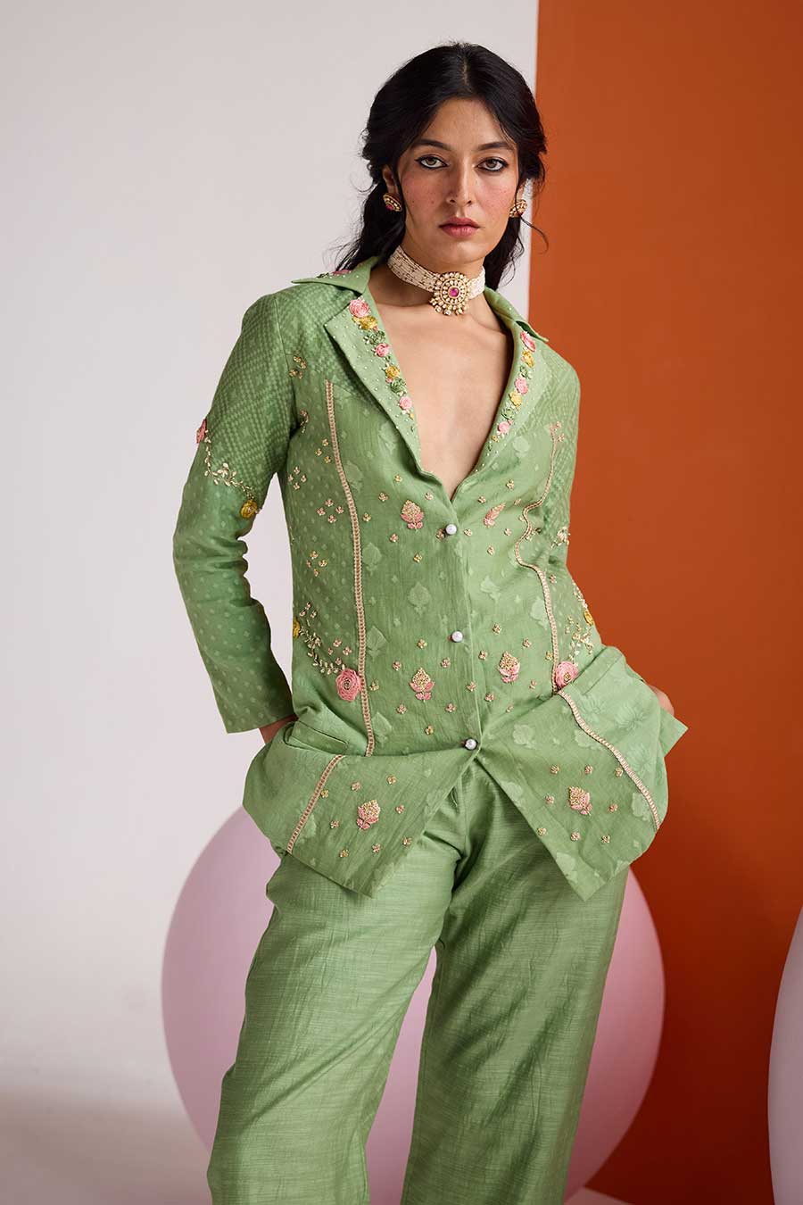 Green Jacquard Embroidered Blazer & Pant Set