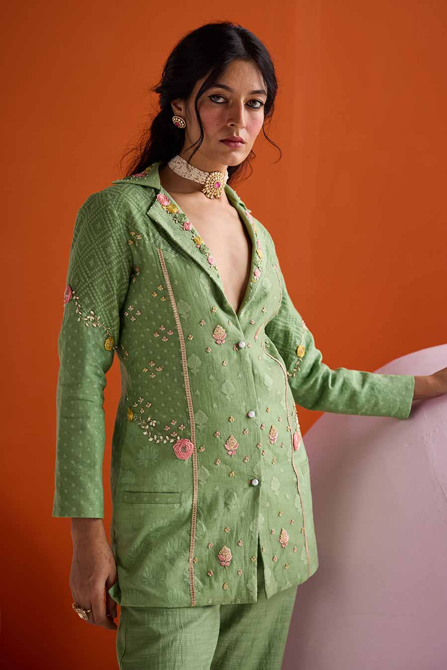 Green Jacquard Embroidered Blazer & Pant Set