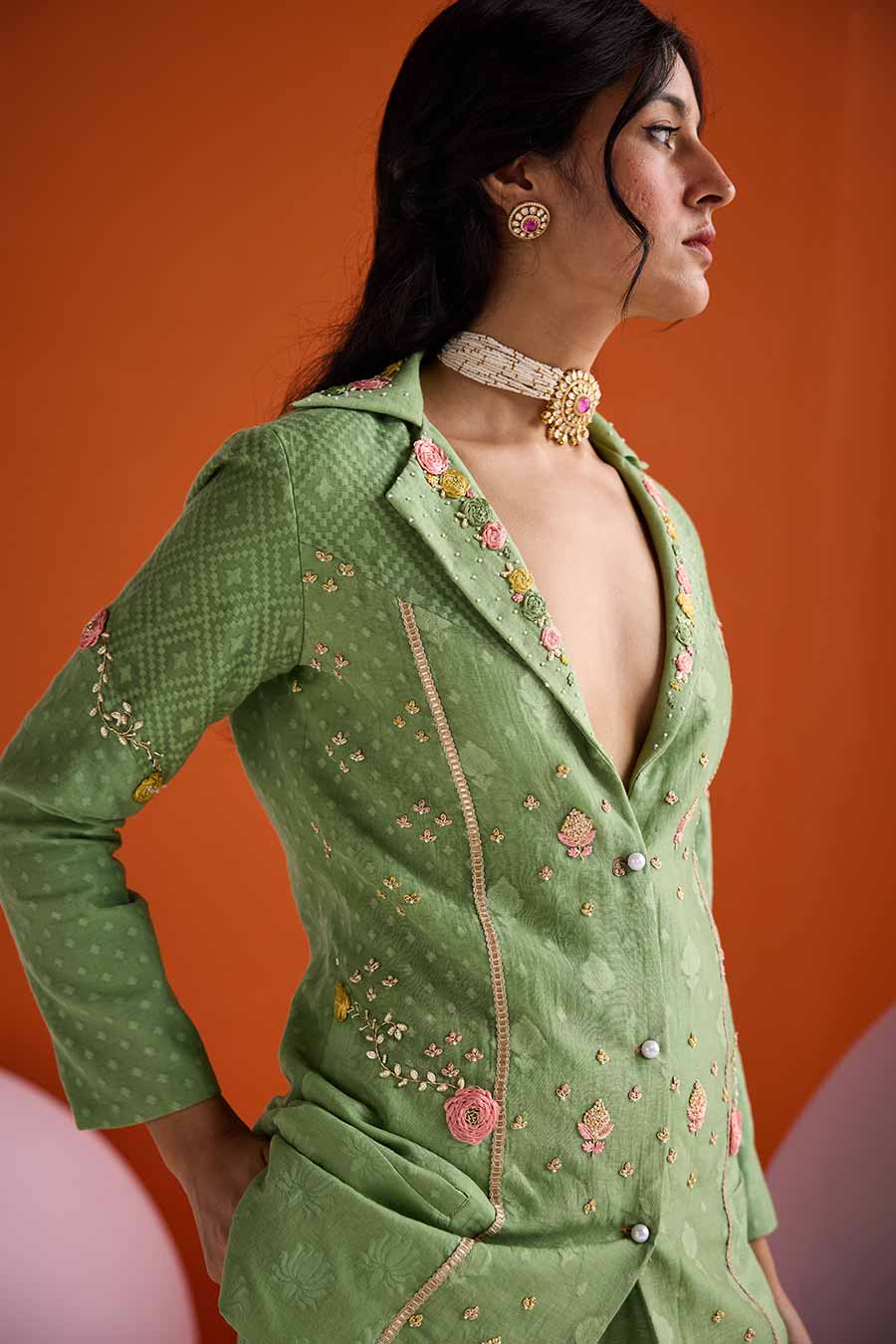 Green Jacquard Embroidered Blazer & Pant Set