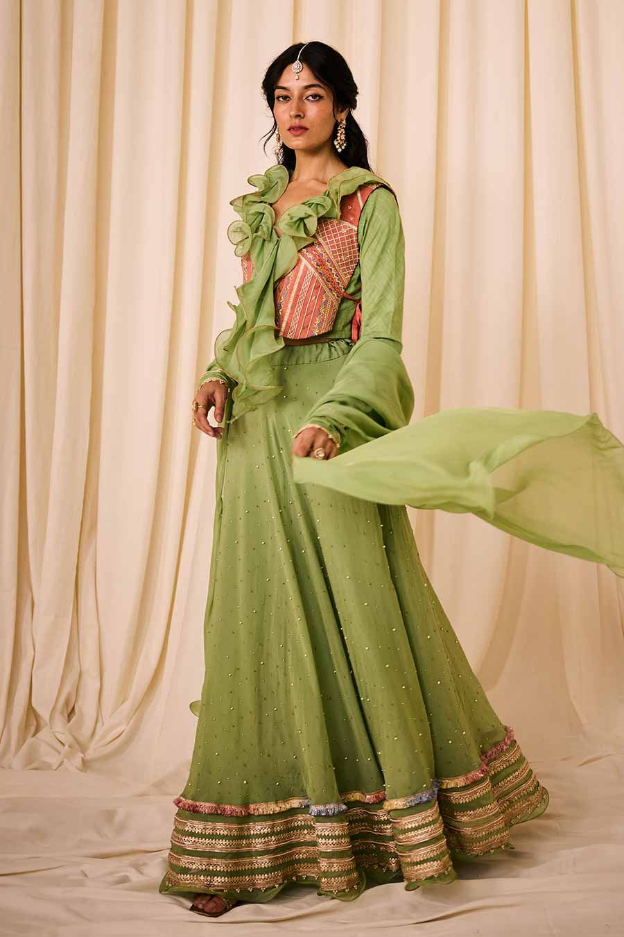 Green Embroidered Ruffle Lehenga Set