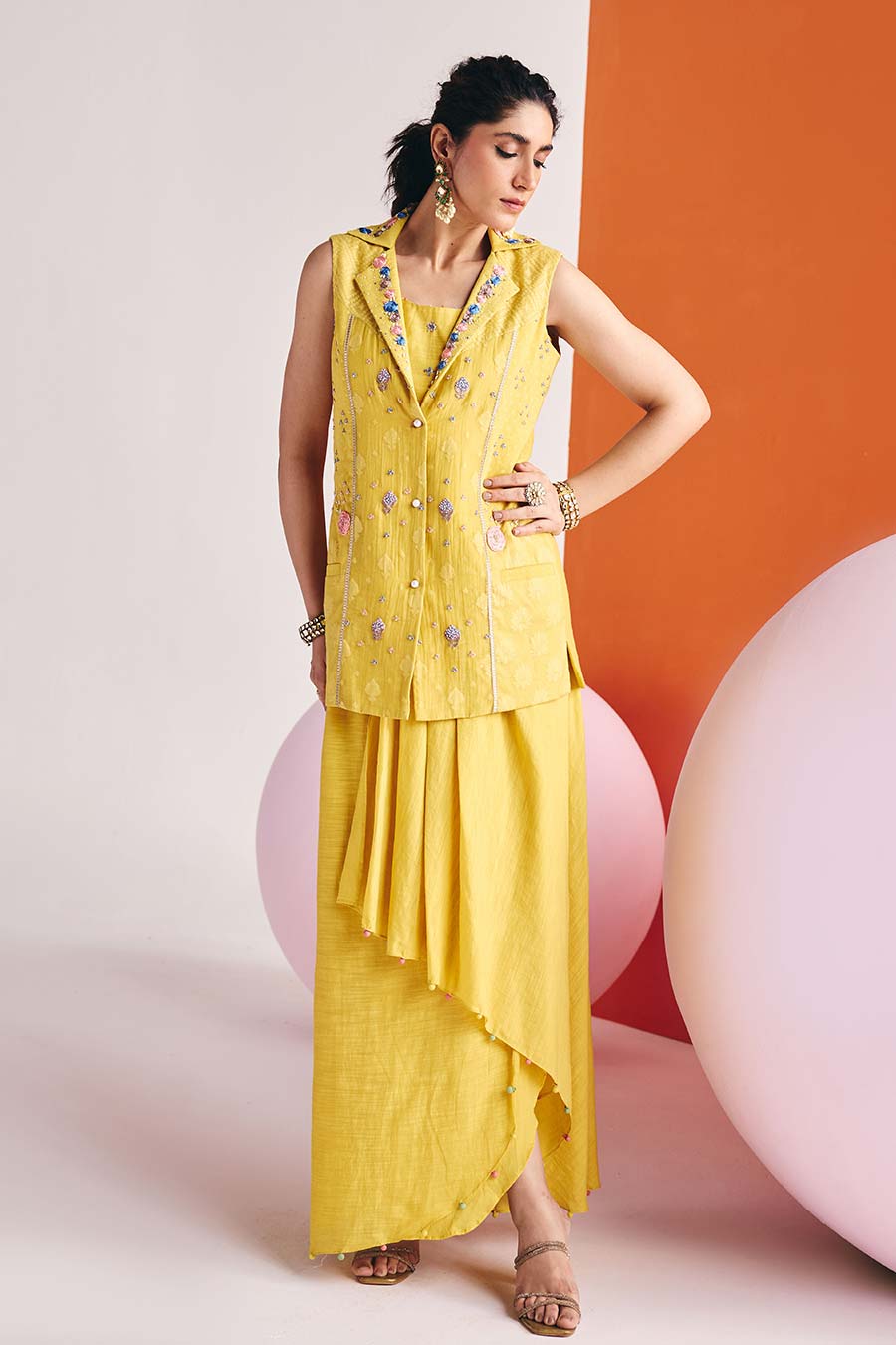 Yellow Embroidered Blazer & Draped Skirt Set