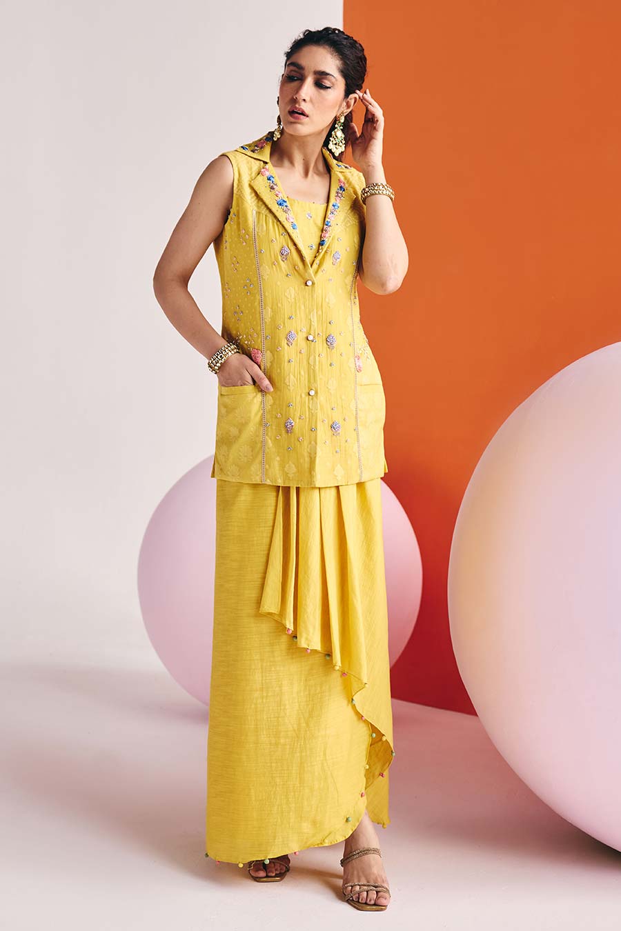 Yellow Embroidered Blazer & Draped Skirt Set