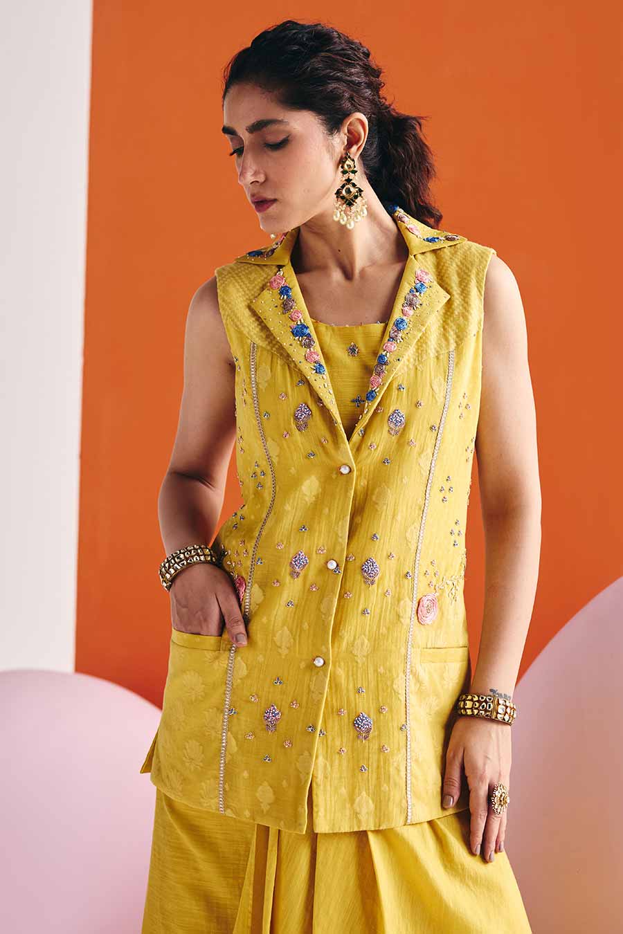 Yellow Embroidered Blazer & Draped Skirt Set