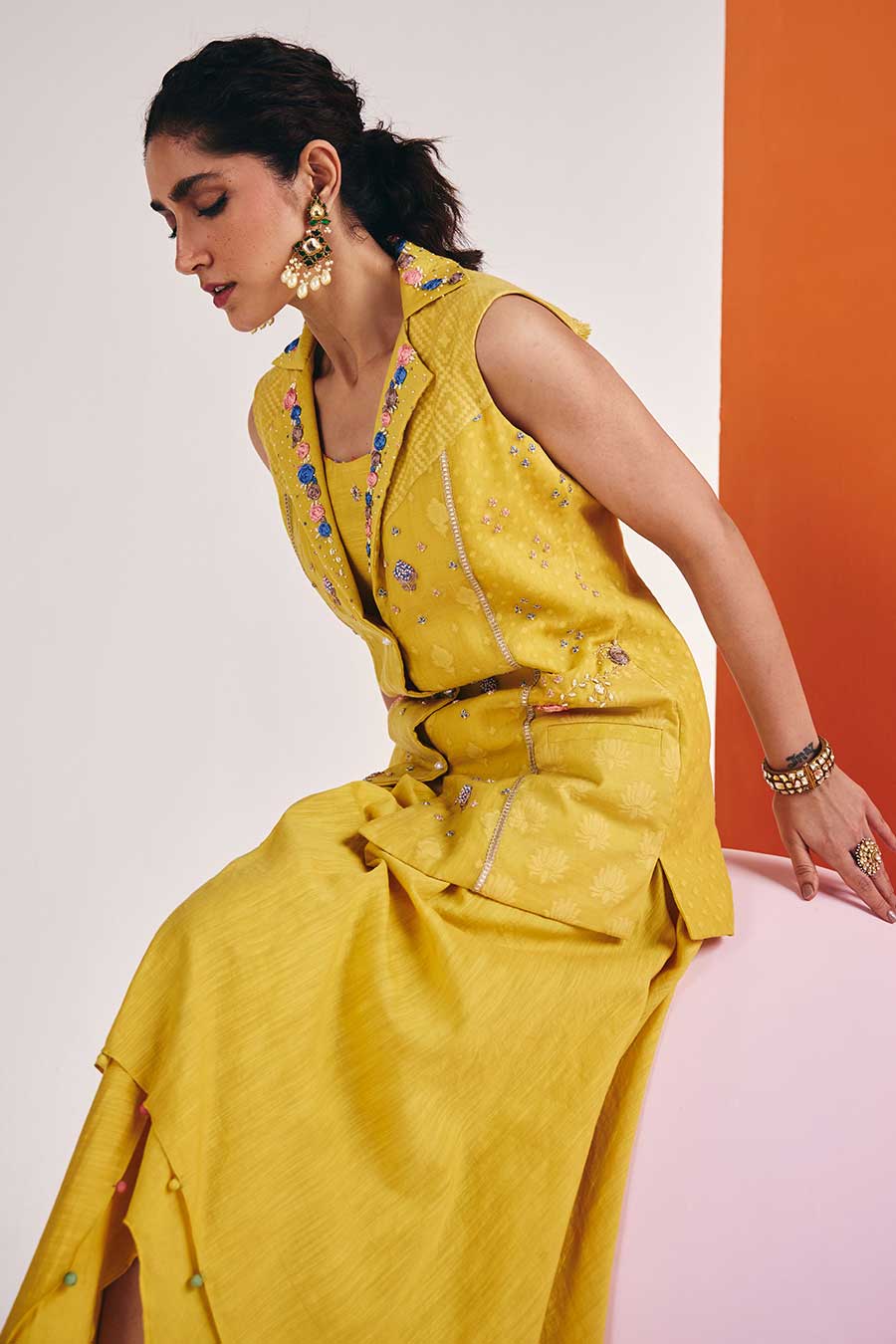 Yellow Embroidered Blazer & Draped Skirt Set