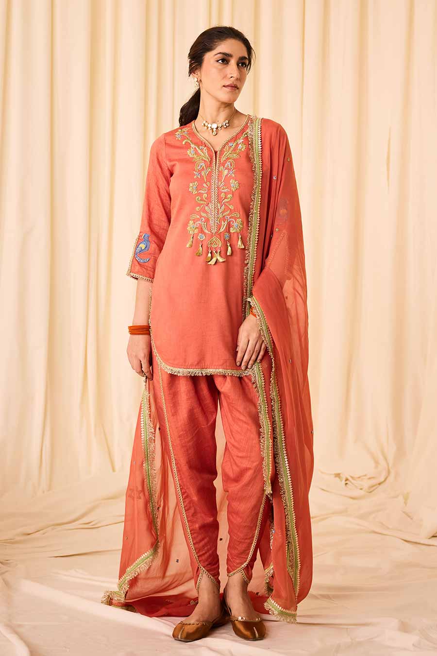 Peach Embroidered Short Kurta Set