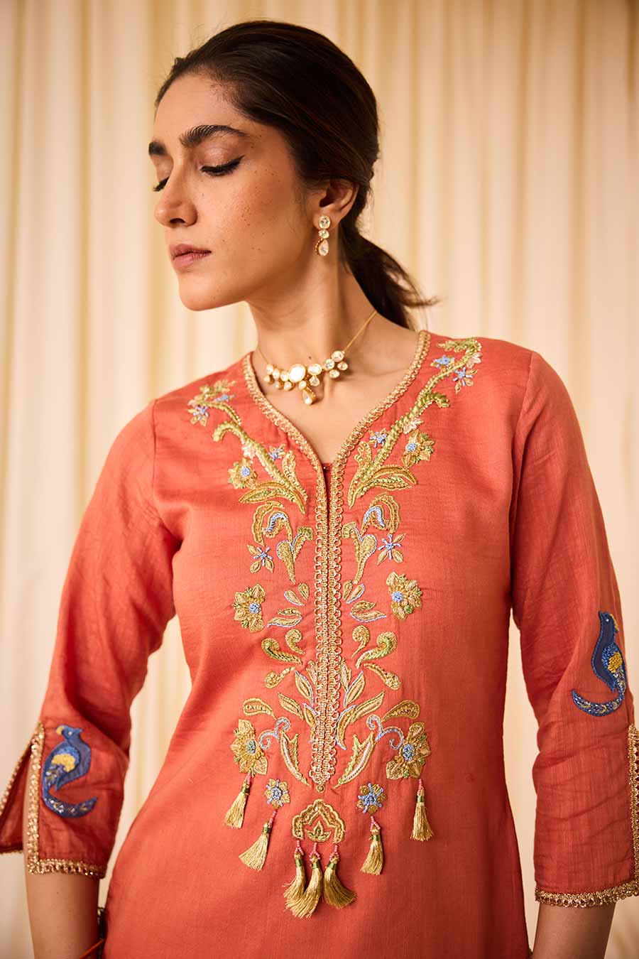 Peach Embroidered Short Kurta Set