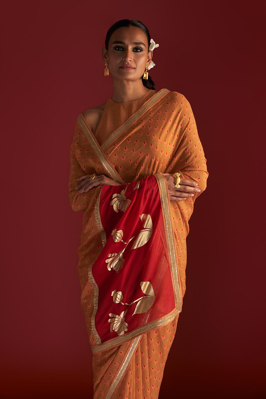 Pink georgette saree with pista handwork blouse – Threads