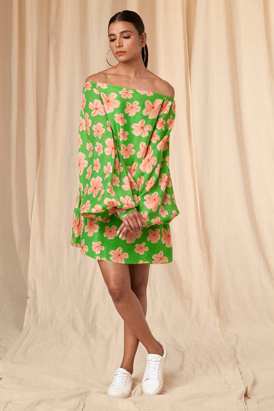 Green Flower Passion Off-Shoulder Short Dress