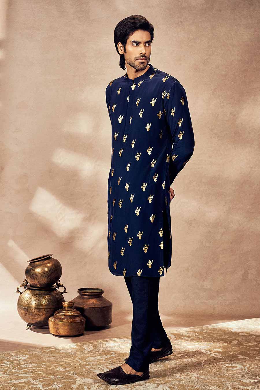 Blue Ganesha Foil Printed Kurta Set