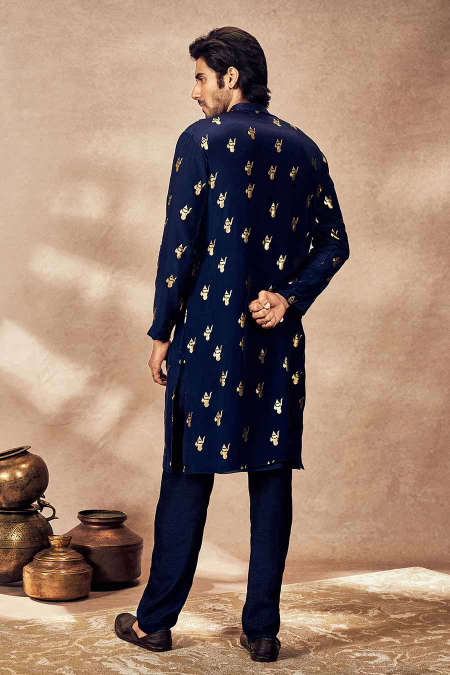 Blue Ganesha Foil Printed Kurta Set