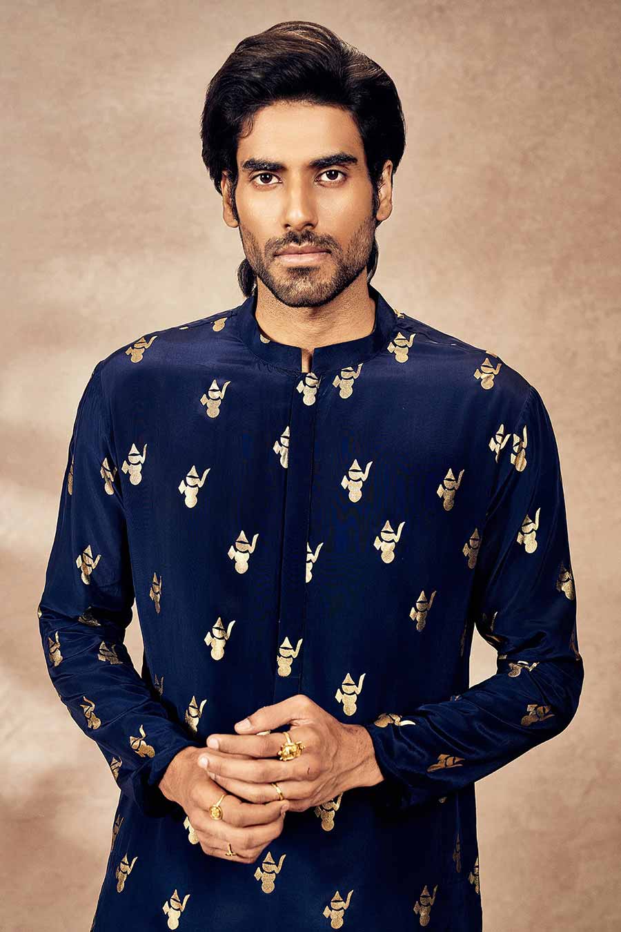 Blue Ganesha Foil Printed Kurta