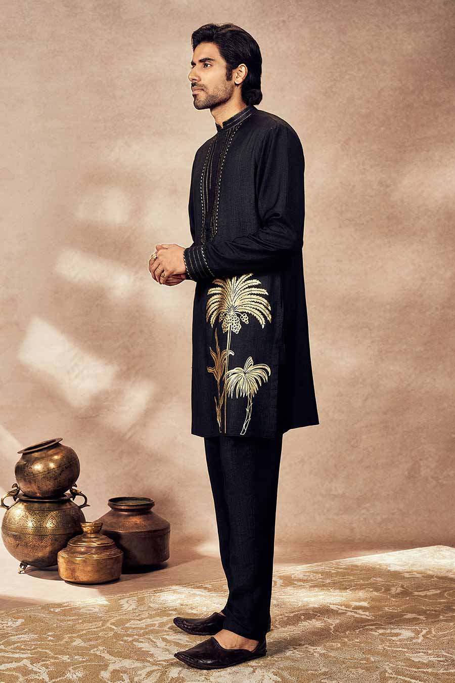 Black Palm Blooms Printed Kurta Set