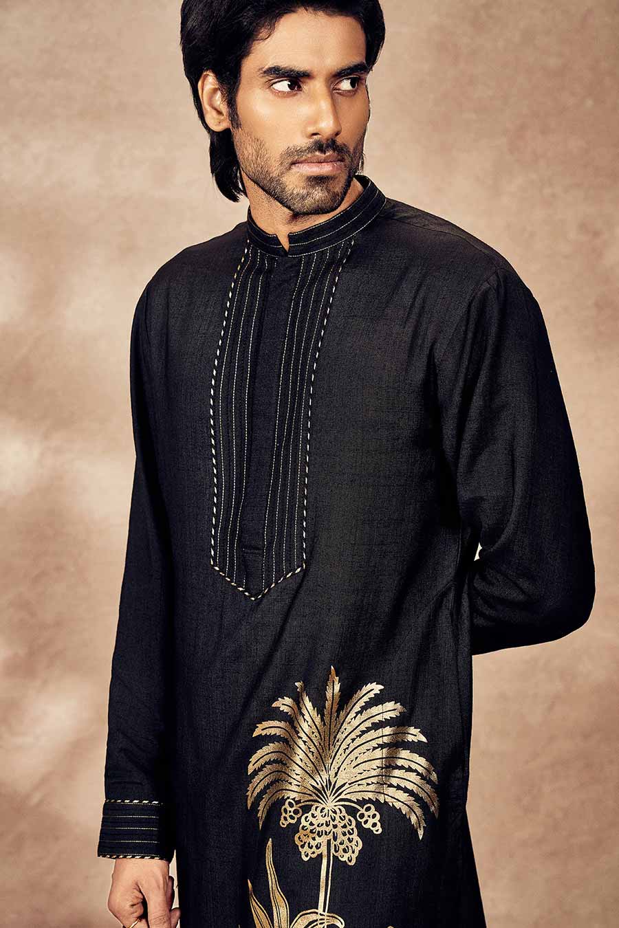 Black Palm Blooms Printed Kurta