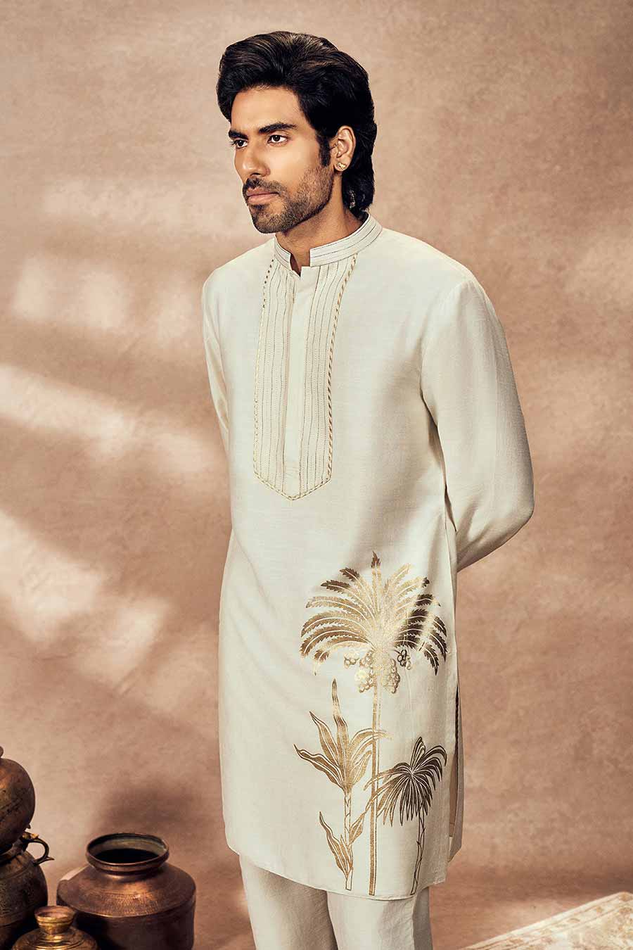 Ivory Palm Blooms Printed Kurta